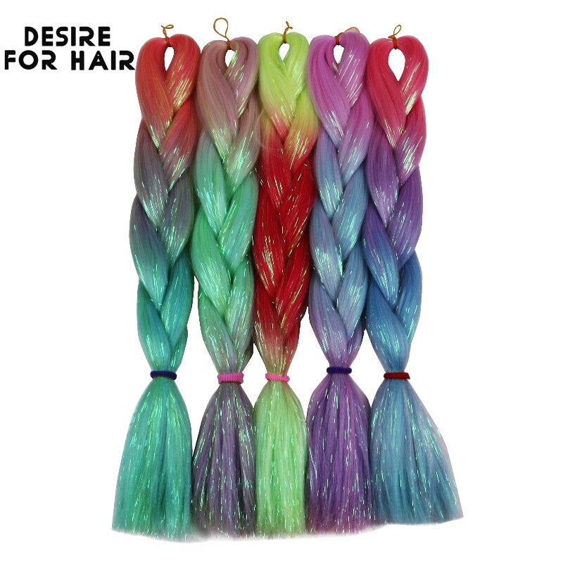 Desire for Hair 5Packs Synthetic Braiding Hair Christmas Colors Mix Tinsel Glitter Green Synthetic Hair Extensions Jumbo Braids