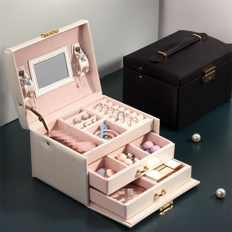 JWWWBOX 5 kolorowa skóra PU pudełko z biżuterią luksusowe trzy warstwy dwie szuflady kobiety biżuteria dziewczęca pudełko typu Organizer prezenty JWBX06