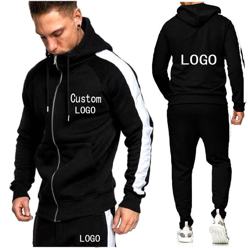 Logotipo personalizado homens zip hoodies + joggers calças 2 peça conjunto de treino correndo jogging esportes wear com capuz roupas de inverno