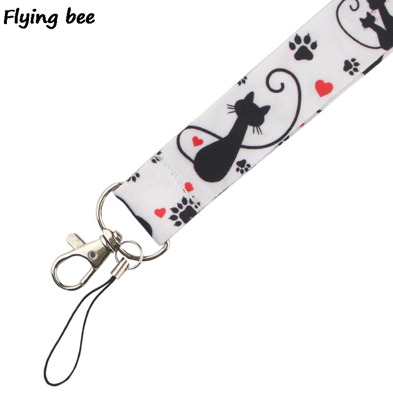 Flyingbee – lanière de cou pour clés et cartes d'identité pour femmes, porte-clé, mignon, chat noir, X0370