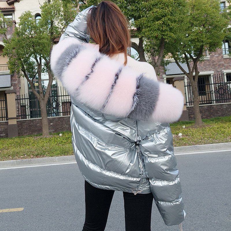 Maomaokong-jaqueta acolchoada de pato branco para mulheres, gola de pele de raposa real, casaco quente grande, moda regular, inverno, 2022