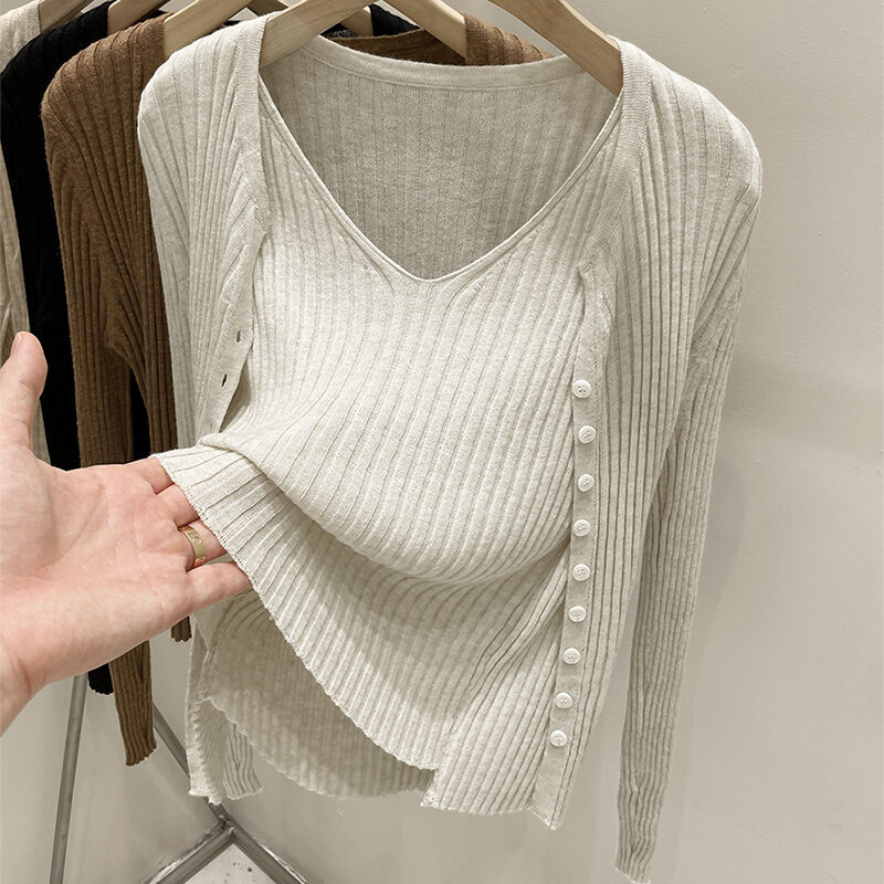 เกาหลีแฟชั่น V คอ Splicing เสื้อกันหนาวผู้หญิงฤดูใบไม้ร่วงปลอมสองชิ้นผู้หญิง Pullover ถักเสื้อกันหนาวดึง Femme 17984