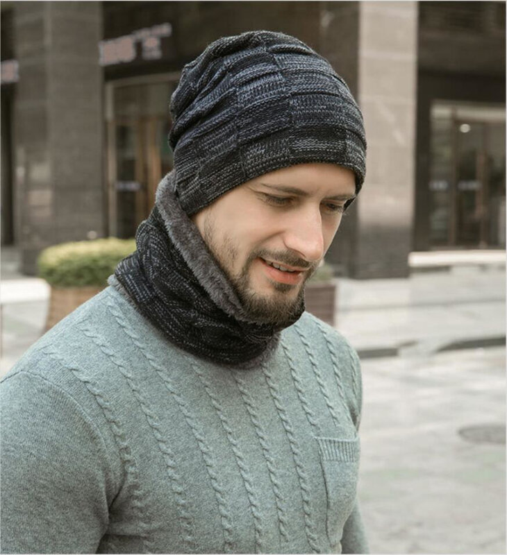 HT2678 Men Knitted Hat Thick Warm Fleece Lined Men Hat Scarf Set Autumn Winter Windproof Beanie Hat and Scarf Winter Accessories