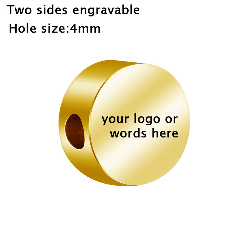 25 pezzi per lotto Logo perline tonde 15mm dimensione foro 4mm incisione logo per te-perline personalizzate perline in acciaio inossidabile
