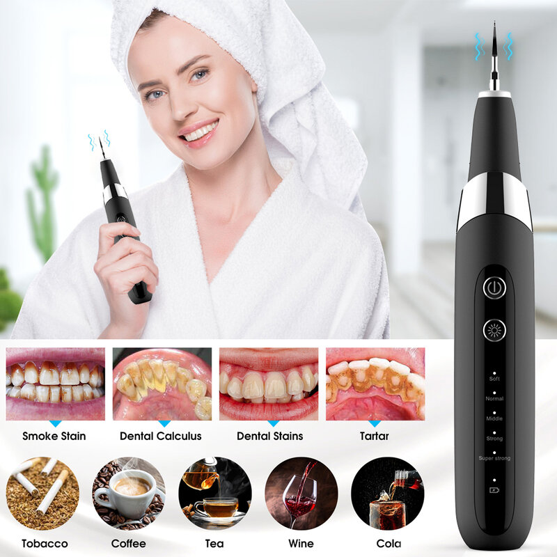 Ultrasonic Personal Dental Cleaner limpeza, mancha de dentes tártaro, Cálculo elétrico portátil, Placa Tarter removedor, LED