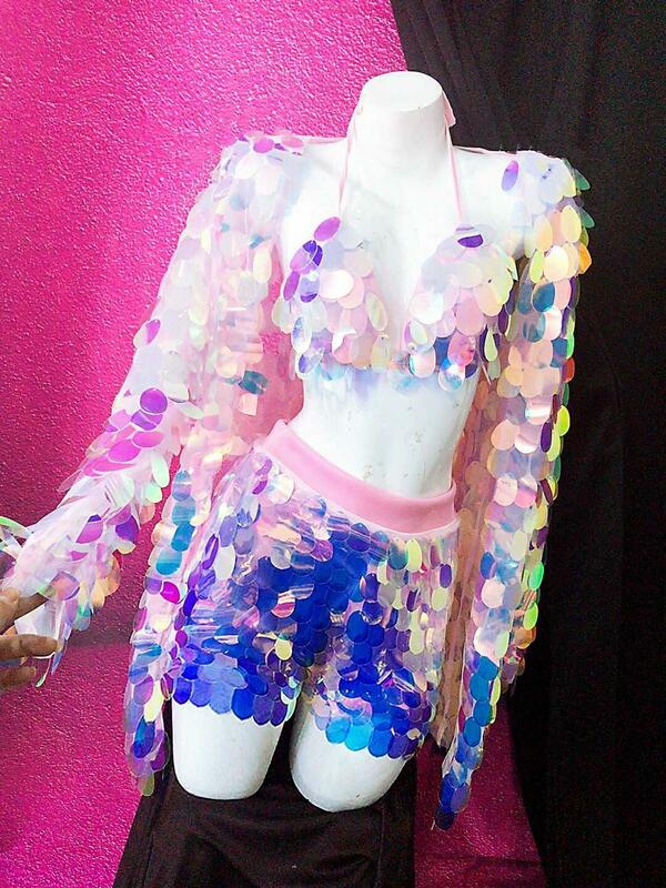 Customized Women Stage Costume (Bra+Shorts+Coat) Pink-Purple Sequins 3-Pieces Set Singer Dancer Dance Outfit Nightclub Clothing