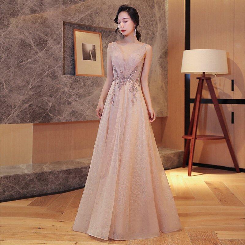 Gaun Malam Elegan untuk Wanita Gaun Pesta Ramping A-Line Berpayet Floral Kerah V Applique Gaun Kontes Bentuk Panjang Hingga Lantai