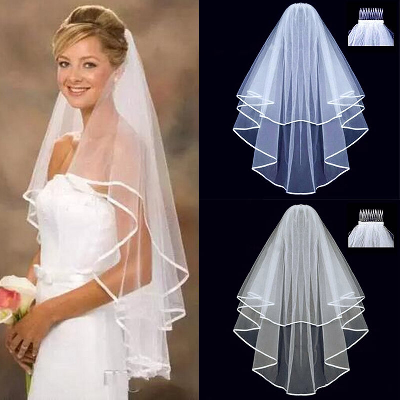 Hochzeit einfache Tüll weiße Farbe zwei Schichten Braut schleier Band Rand billige Braut Accessoires Frauen Schleier mit Kamm