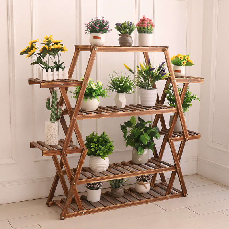 Grandi scaffali triangolari per piante in legno da interno a 6 livelli con supporto per vasi da fiori