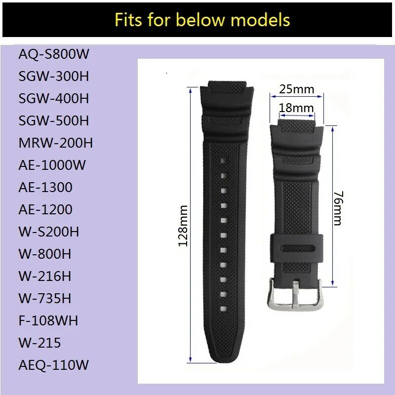 Correa de silicona negra de 18mm para Casio, AE-1000w, AQ-S810W, SGW-400H, correa de reloj de goma, hebilla, pulsera de reloj