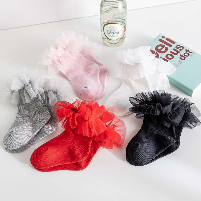 Calcetines de encaje con volantes para niñas pequeñas, medias de princesa, algodón suave, malla hinchada, flor, rojo, blanco