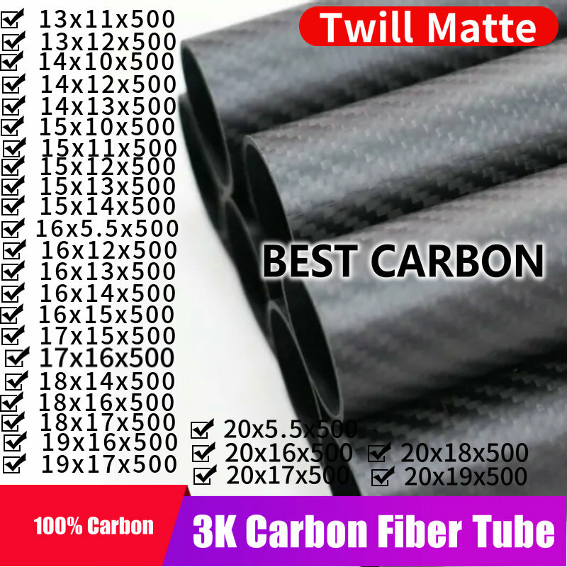 Free shiping OD13 14 15 16 17 18 19 20mm with 500mm length High Quality Twill Matte 3K Carbon Fiber Fabric Wound Tube, CFK TUBE