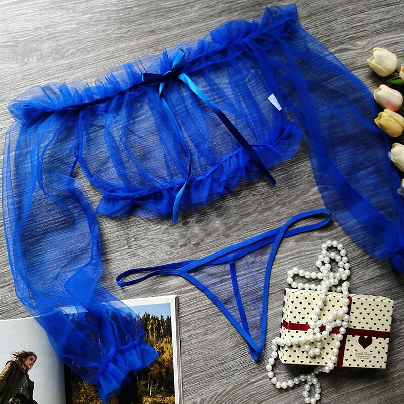 Ellolace Lingerie Transparan Off Shoulder Kostum Eksotis Ruffle Sensual Kostum Lengan Panjang Berenda Seksi Seksi Seksi Set Atasan Thong Breves