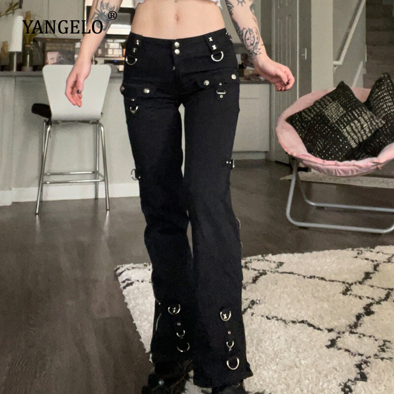 Yangelo ciemny Punk Y2k Grunge niskiej talii Emo Jeans Mall Gothic kobiety czarny, patchworkowy Electro spodnie moda Streetwear Alt ubrania