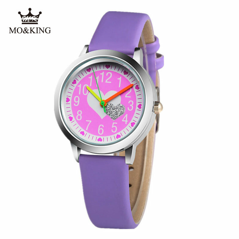 Relojes bonitos de cuero para niños y niñas, relojes de pulsera con luz, informal, púrpura, brillante, amor, cuarzo, gran oferta
