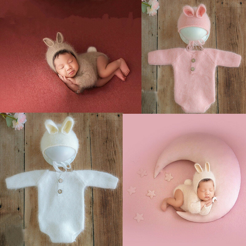 Одежда для новорожденных Ползунки для новорожденных Подставки для фотографий Шерстяной Вязаный комбинезон «кролик» шляпа Боди Наряд Для детских фотографий с изображением