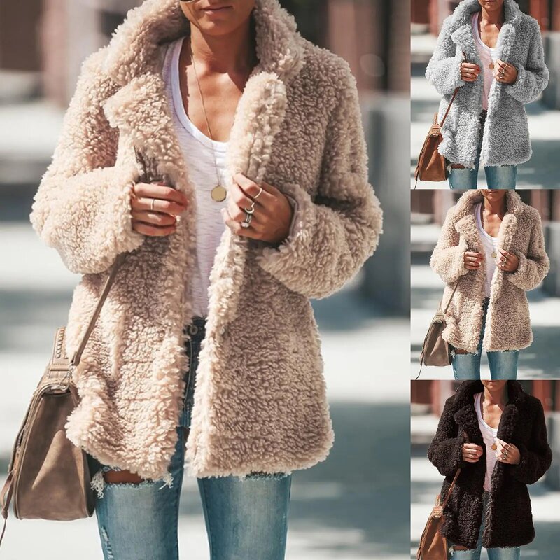 Пушистые плюшевые пальто из искусственного меха с воротником с лацканами и длинным рукавом 2020 зимние женские длинные куртки с открытой передней частью теплая верхняя одежда Повседневный Кардиган