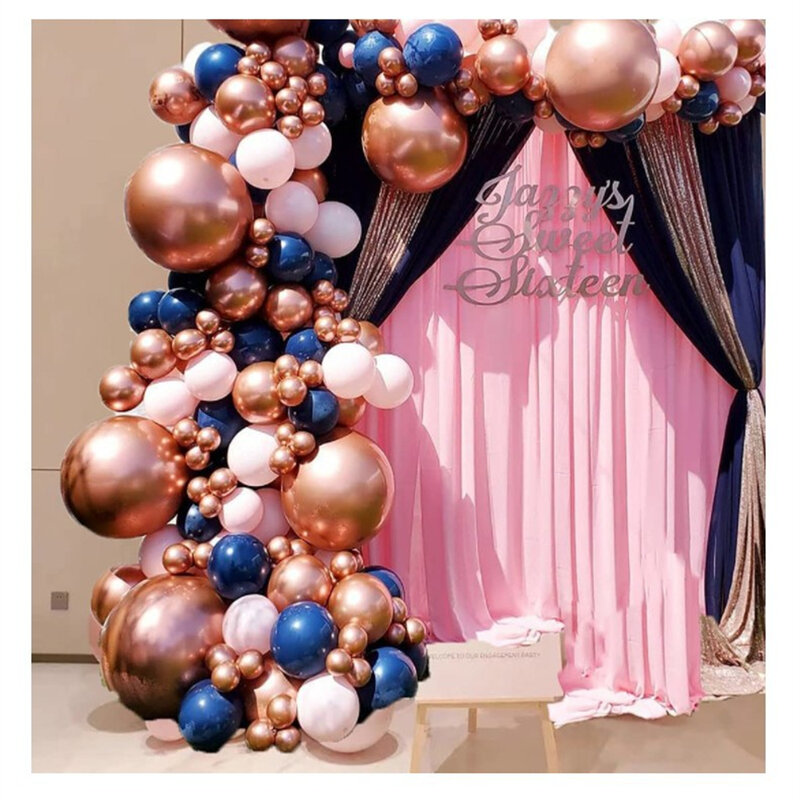 Granatowy różowy balon łuk niebieska róża złoty Metal balon Garland zestaw 115 sztuk lateksowe Pastel balon na imprezę wesele bankiet strona