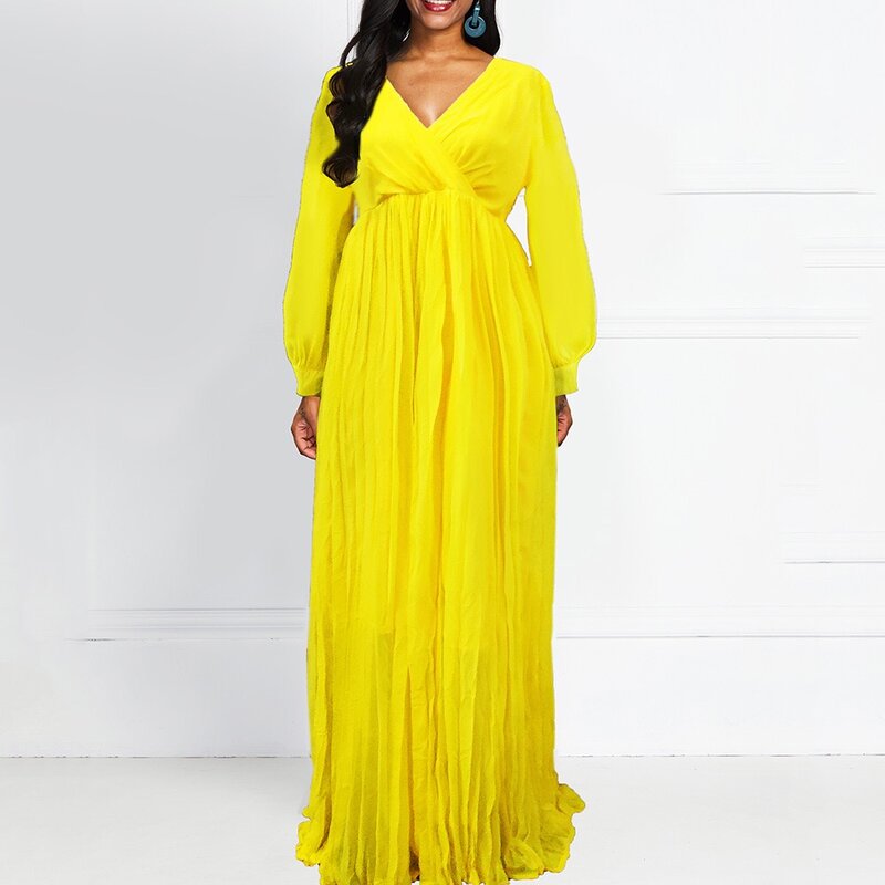 Plus Size Dresses Yellow Dress Long Sleeve Elegant Floor Length Loose V Neck Autumn Fall Big Size Dress Evening Party Wear New