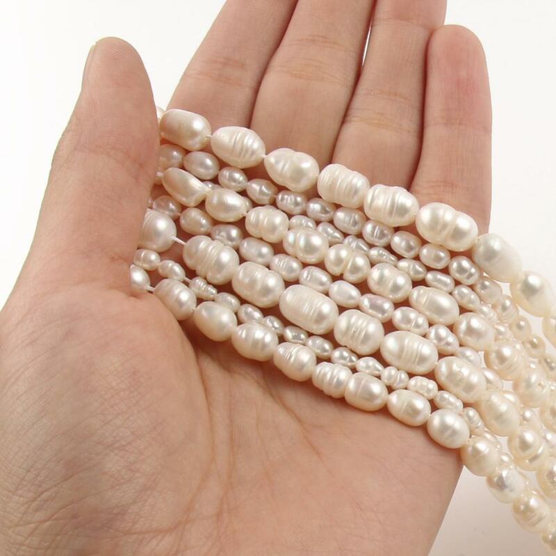 Perle di forma ovale bianche di perle d'acqua dolce naturali fini per gioielli che fanno collana di braccialetti fai da te 3/4/5/6/7/8/9MM filo 15''