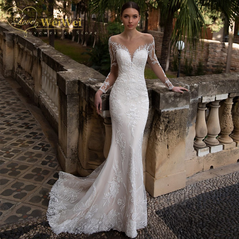 ชุดเดรสเมอร์เมดสำหรับผู้หญิง Sheer Illusion ปุ่มกลับชุดแต่งงานลูกไม้ Applique Свадебное Платье Vestidos De Novia 2022