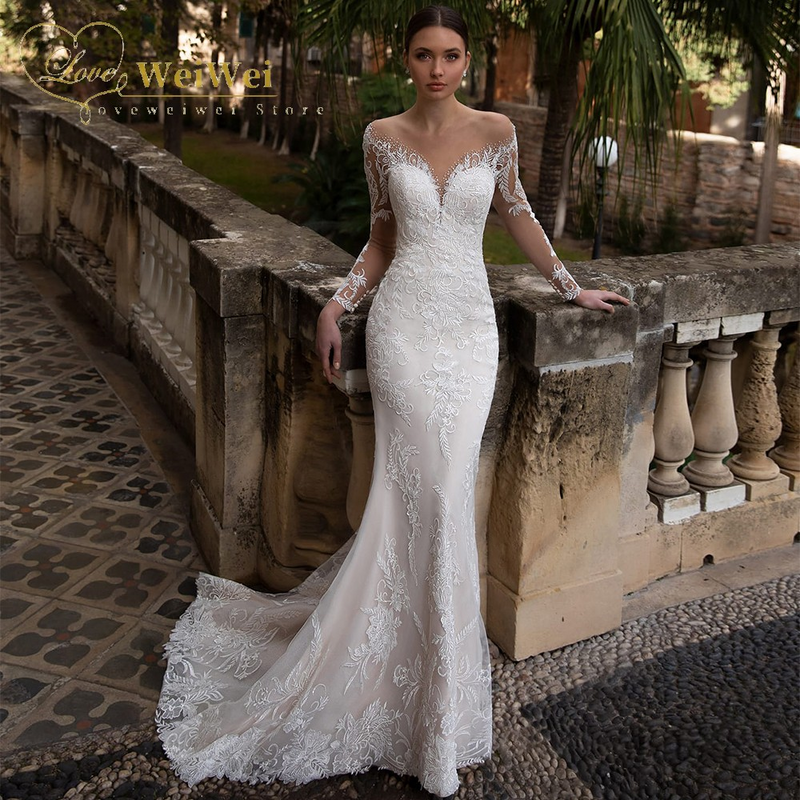 Mermaid Wedding Dresses For Women Sheer Illusion Button Back Wedding Gown Lace Applique свадебное платье Vestidos De Novia 2022