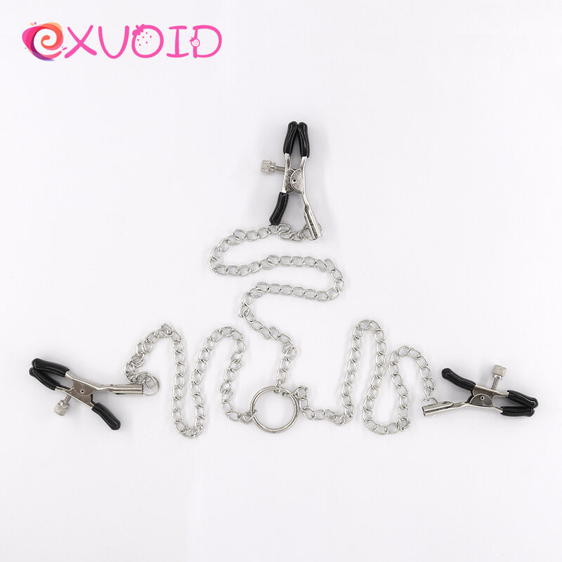EXVOID-Tres abrazaderas de pezón con cadena BDSM, accesorios exóticos, Juguetes sexuales para mujeres, abrazaderas para clítoris, Clip de pecho de labios de Metal
