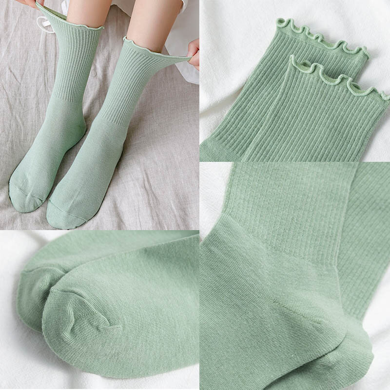 Women White Cotton Socks Autumn Medium Tube Solid Color College Curled Pile Socks Japanese Candy Color Sweet Girl Fashion Socks