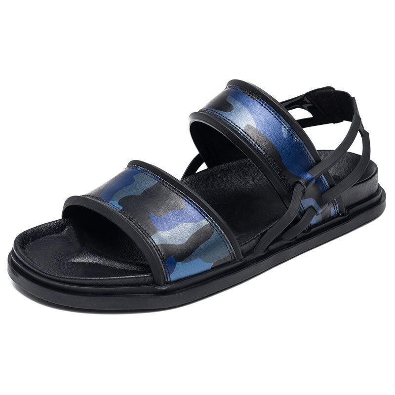 Sandalias de piel auténtica de camuflaje para Hombre, zapatillas de punta abierta para interiores, zapatos de playa de cuero de alta calidad, novedad de verano 2023