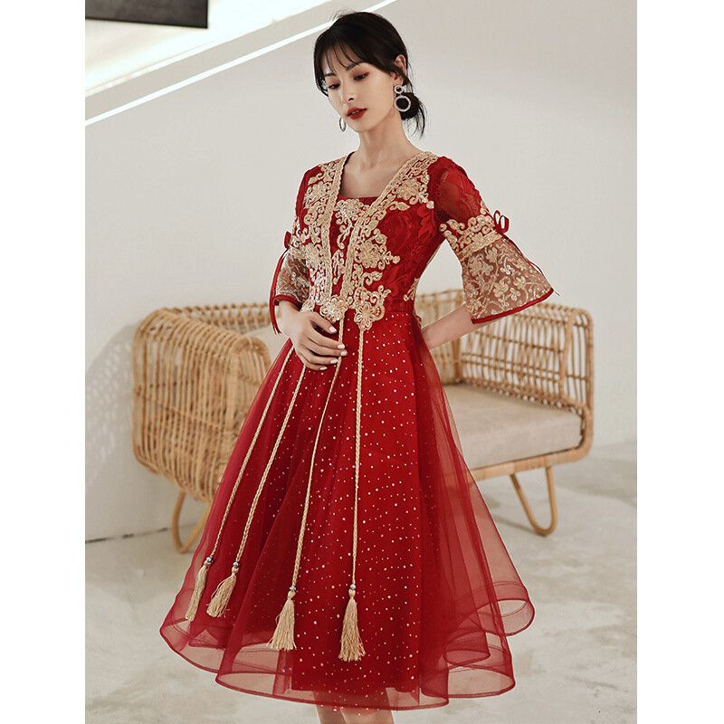 Setengah Lengan Gaun Malam Tradisional Cina Pernikahan Gaun Renda Slim Perban Desain Formal Gaun untuk Wanita Hamil ZL634