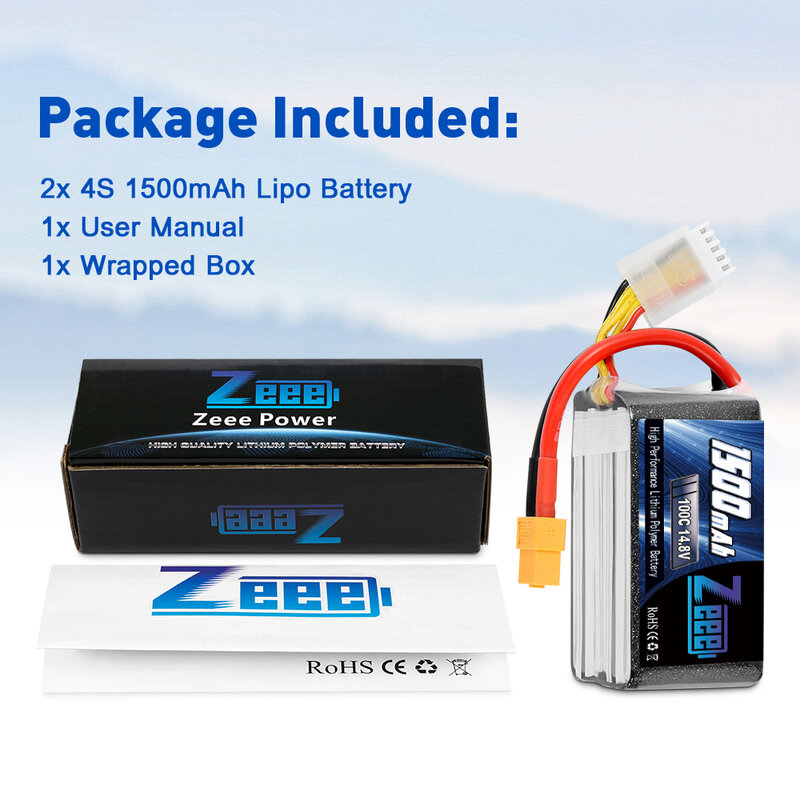 Bateria Zeee-Lipo com XT60 Plug, Softcase para carro RC, caminhão, Buggy, avião, FPV, UAV, peças modelo de drone, 4S, 1500mAh, 14.8V, 100C, 2pcs