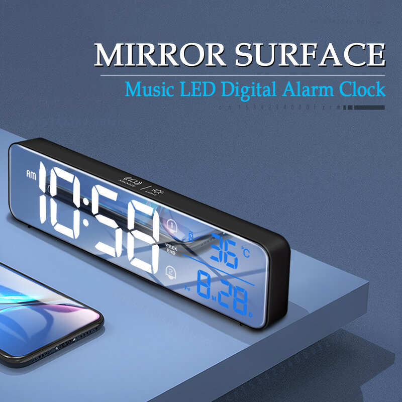 음악 LED 디지털 알람 시계 온도 날짜 표시 데스크탑 미러 시계 홈 테이블 장식 전자 시계 2000 mAh