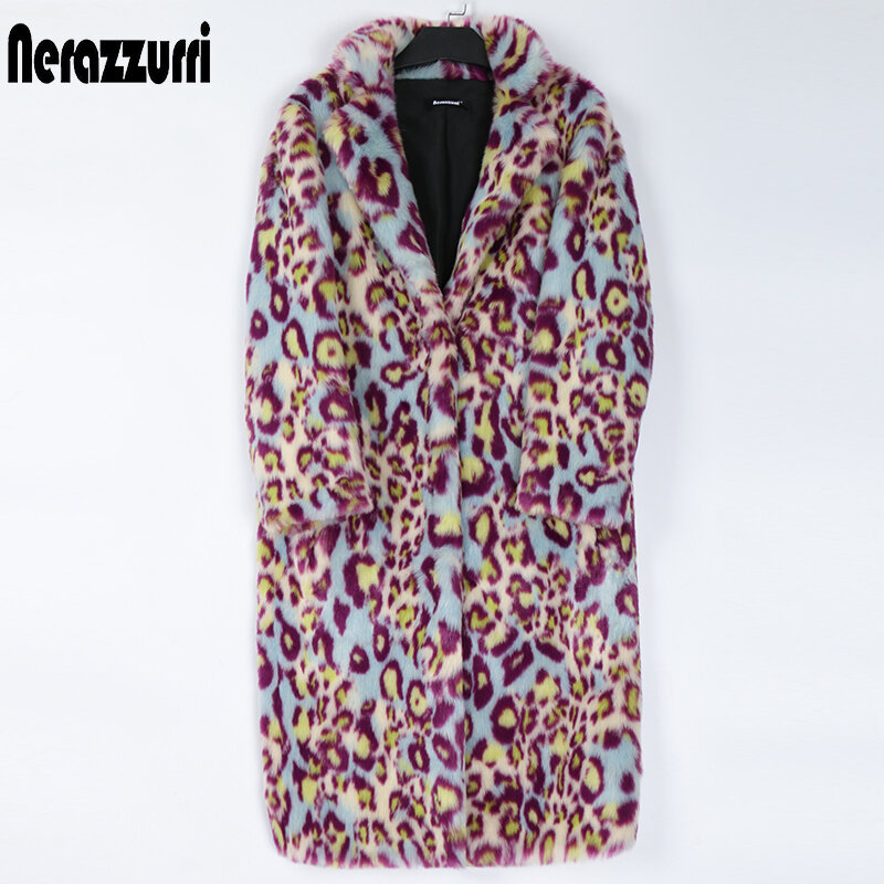 Nerazzurri-女性用の色とりどりの長いヒョウ柄の毛皮のコート,厚くて暖かい,冬のファッション,5xl 6xl,7xl,2022