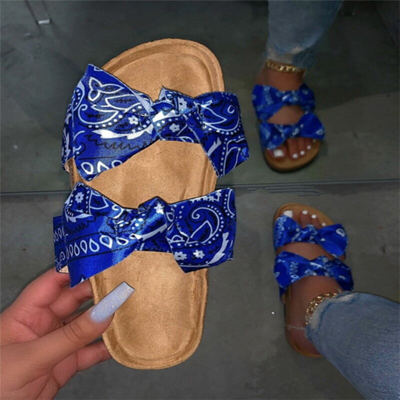 ¡Dropshipping! Sandalias deslizante para mujeres, sandalias de verano con lazo, zapatillas con lazo y suela gruesa, zapatos de playa florales para mujeres
