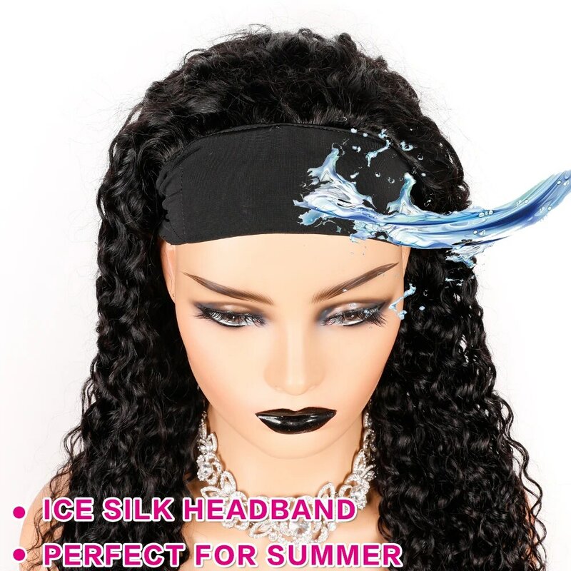 Водная волна парик с головной повязкой из натуральных волос на 30-36 дюймов бразильские Волосы Remy шарф парики естественная волна повязка из искусственных волос для Для женщин 150% Плотность
