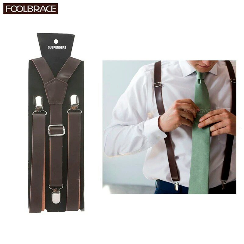 2.5ซม.ความกว้างแฟชั่นผู้ชายหนัง Suspenders เข็มขัด PU หนังคลิป-บนผู้หญิงวงเล็บ Suspenders งานแต่งงานสวมใส่