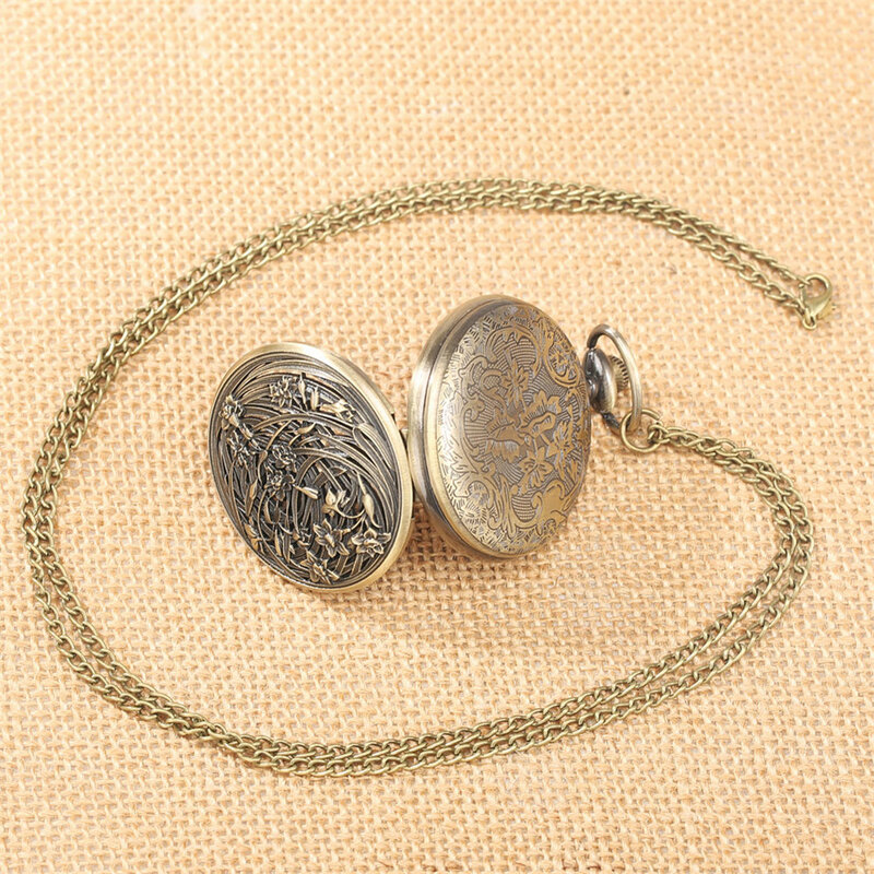 Reloj de bolsillo con diseño de orquídeas para hombre y mujer, pulsera de cuarzo con números árabes, esfera blanca, cadena de bronce, colgante de bolsillo