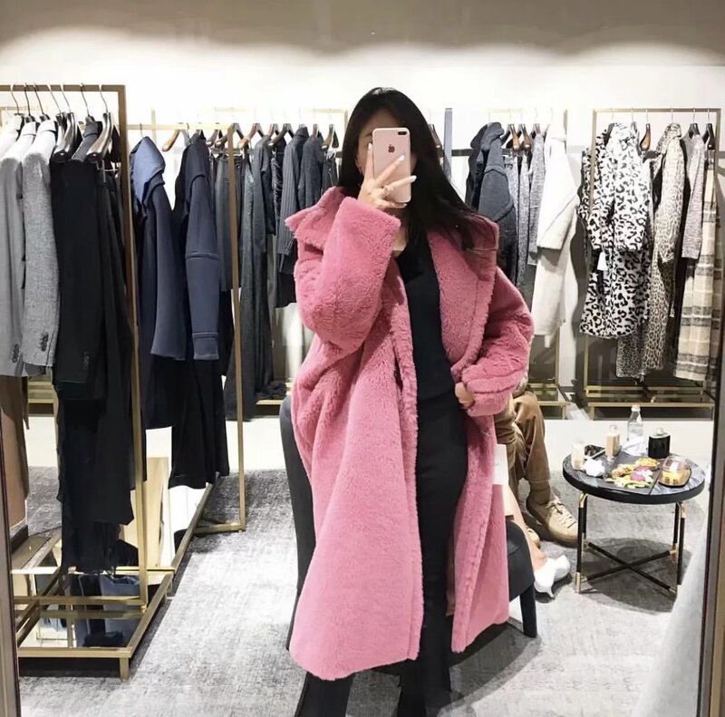 가짜 램 양모 따뜻한 겨울 코트 여성 롱 자켓 솔리드 턴 다운 칼라 싱글 브레스트 포켓 2020 New Korean Loose Elegant