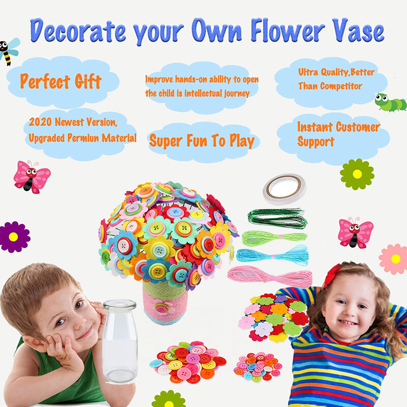 Flower Craft Kit Bouquet with Buttons and Felt Flowers Vase Art Toy Craft Project Children Kid DIY Activity Toys Boys Girls Gift