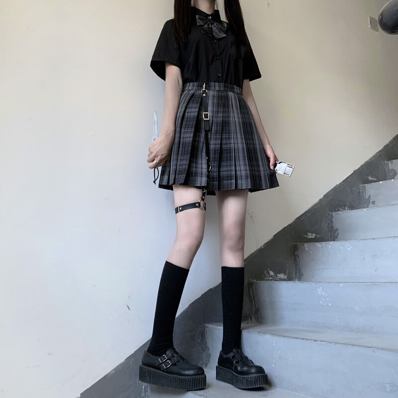 Falda plisada a cuadros de cintura alta para niñas, uniforme escolar JK, ropa de Anime, manga larga/corta