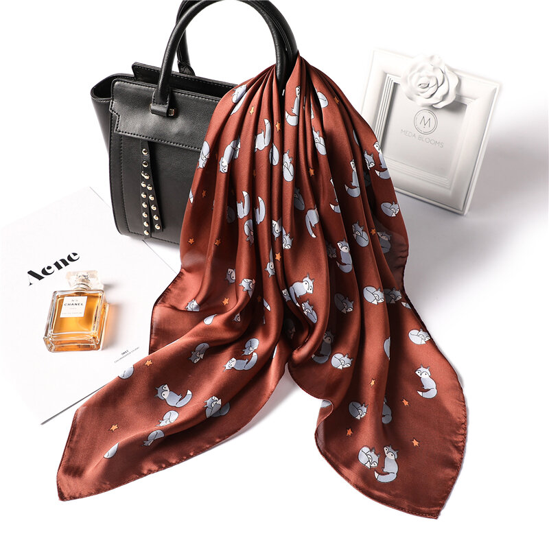 Bufanda de seda con estampado de zorro para mujer, pañuelo cuadrado de oficina, Foulard para el cuello, 2021