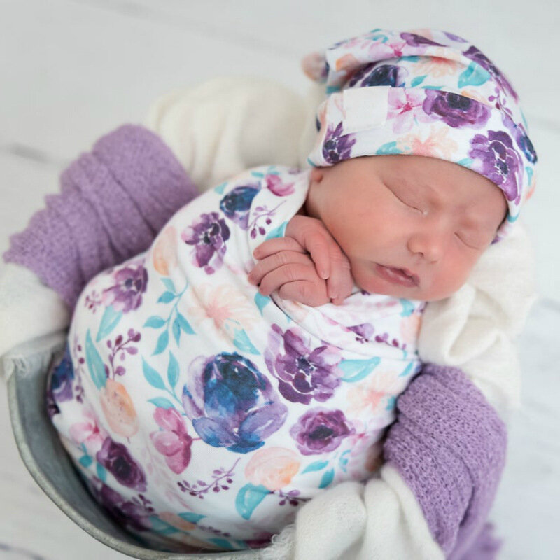 Couverture d'emmaillotage pour bébé nouveau-né, motif Floral, chapeau pour fille et garçon, couverture de réception, bandeau 3