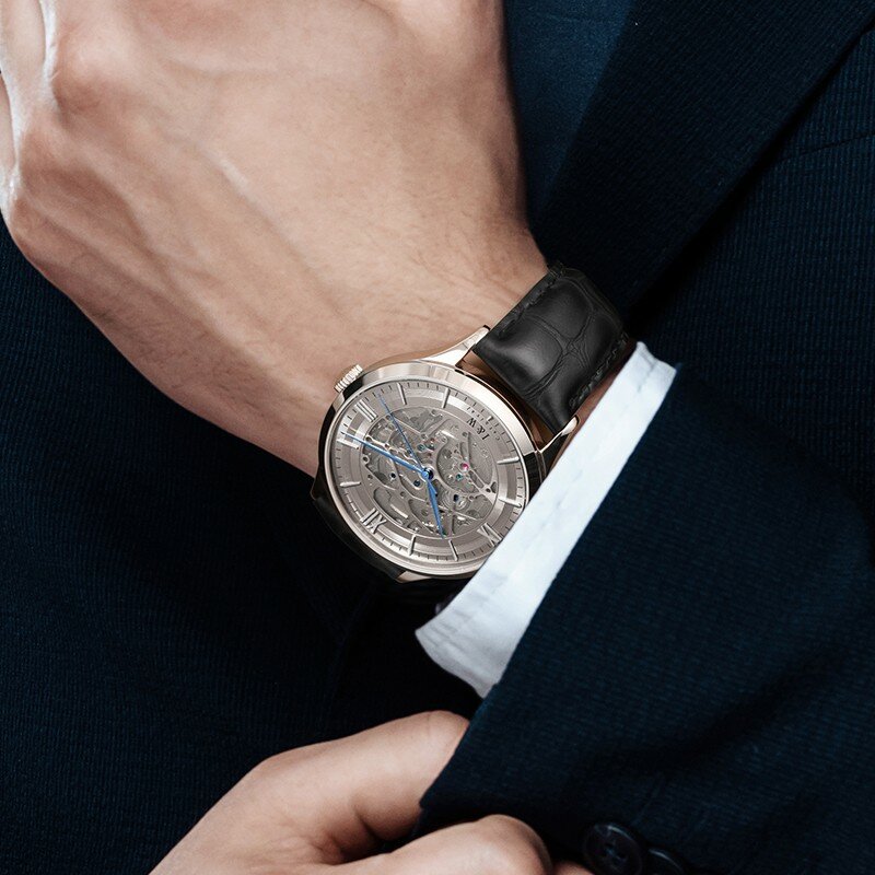 Reloj de pulsera de cuero de zafiro para hombre, accesorio masculino de pulsera resistente al agua con mecanismo automático de movimiento y cuerda, complemento mecánico de marca suiza de alta gama
