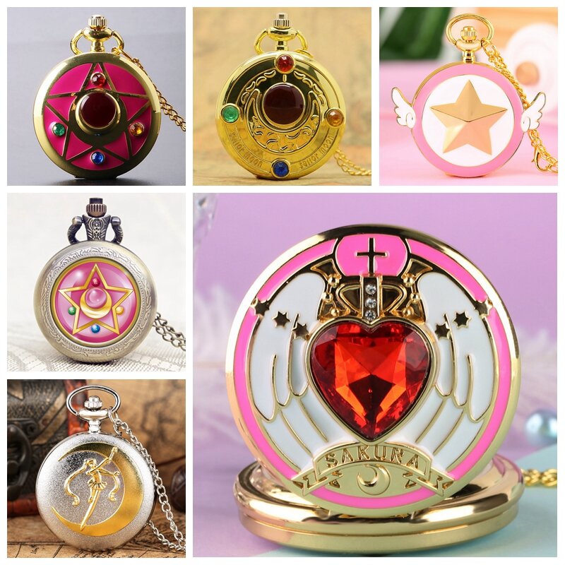 Reloj de bolsillo de cuarzo de dibujos animados de diamantes de imitación para mujer, Sakura, Anime japonés, estrellas, Luna, moda, collar, cadena colgante, regalos