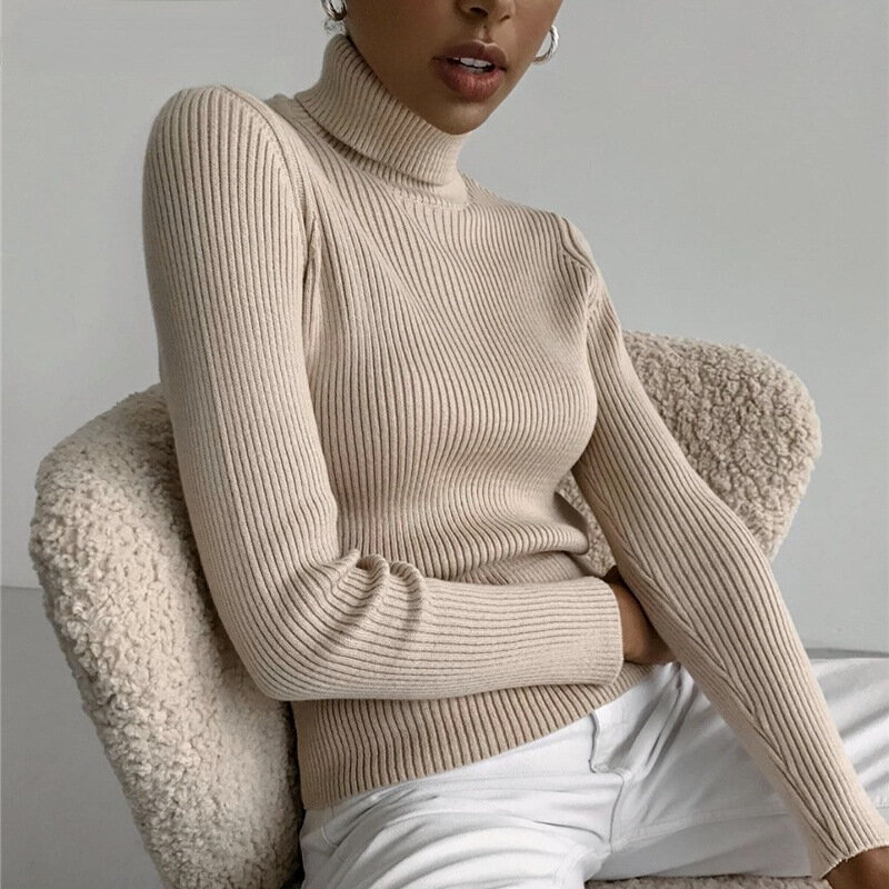 Suéter feminino de gola alta, tops básicos, pulôver fino, jumper macio, roupas quentes, outono, inverno, Y2K, 2021