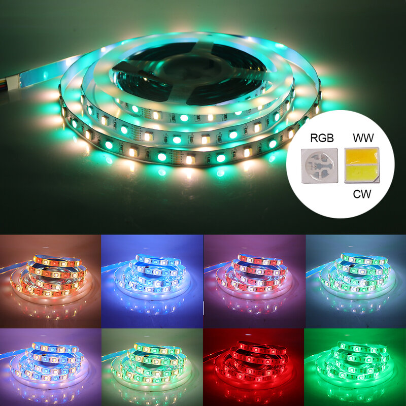 Tira de luces LED RGBCCT de 5M, 12V, 5050 RGB, 60LED/m, cinta Flexible impermeable RGBW RGBWW, blanco frío, Blanco cálido, azul y rojo