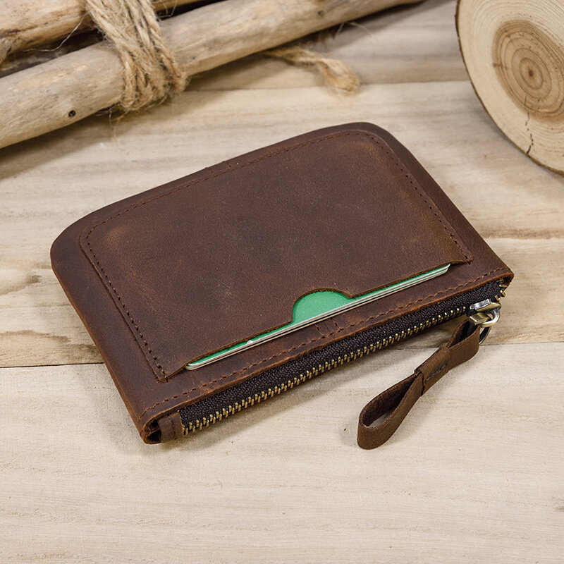 Wowen-cartera de piel auténtica con cremallera para hombre, monedero pequeño de cuero natural, tarjetero, monedero para Cambio, billetera de mano
