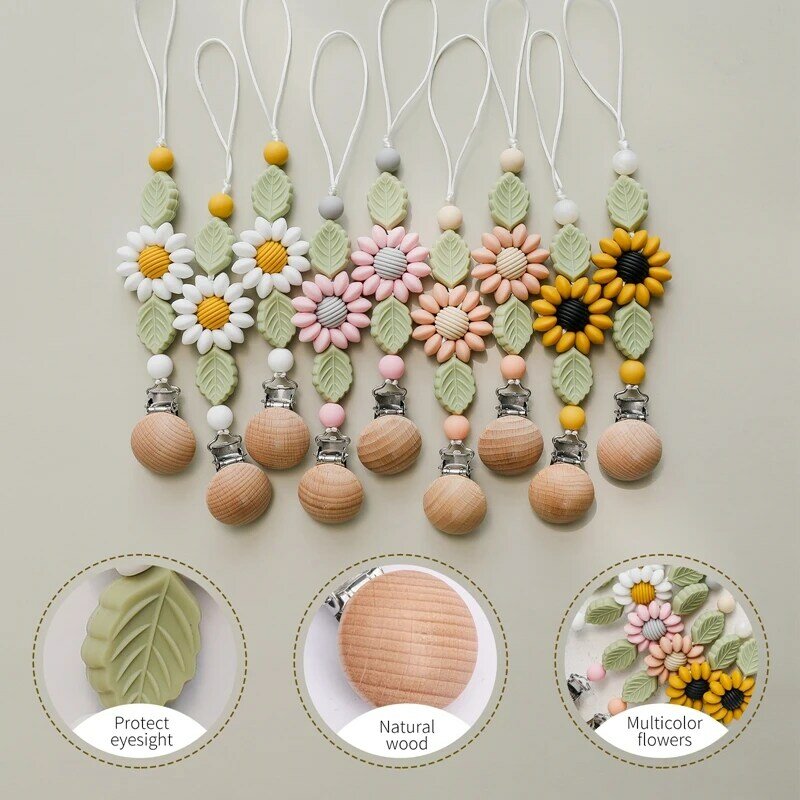 Baby Leaf&Flowers Pacifier Chain Silicone Teether Wooden Nipple Clip Holder Infant Molar Toys Teething Soother Toddle Supplies