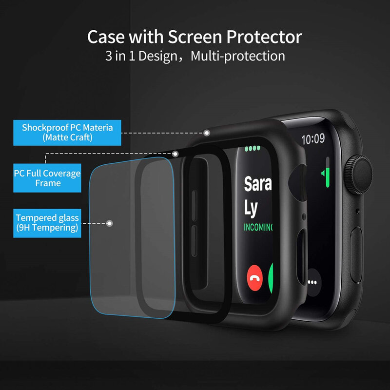 for Apple Watch 6 5 44mm Glass Screen Protector with Case Thin Bumper Coverage iWatch SE 4 40mm Matte Hard Cover Defense Edge