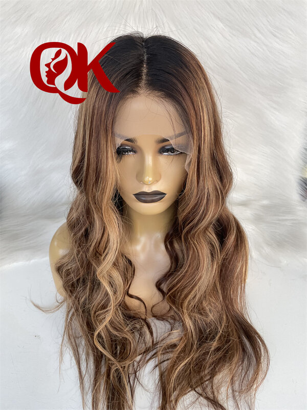 QueenKing hair Brazilian Lace Front Ombre 4/27 Wig 180% density HD Transparent Lace Small Knots Highlight Balayage Color Wig